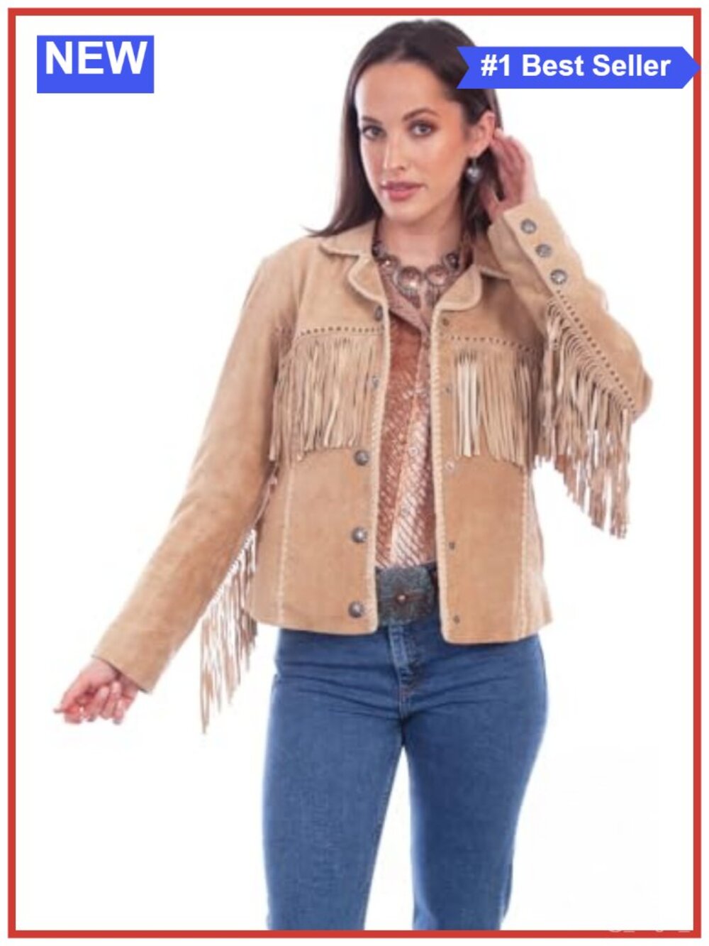Suede Fringe Western Jacket Snap Closure Point Collar Suede Jacket